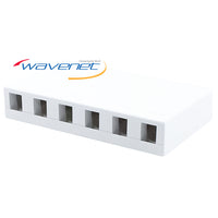 White 6-port surface mount box with cable entry points for network cabling installations