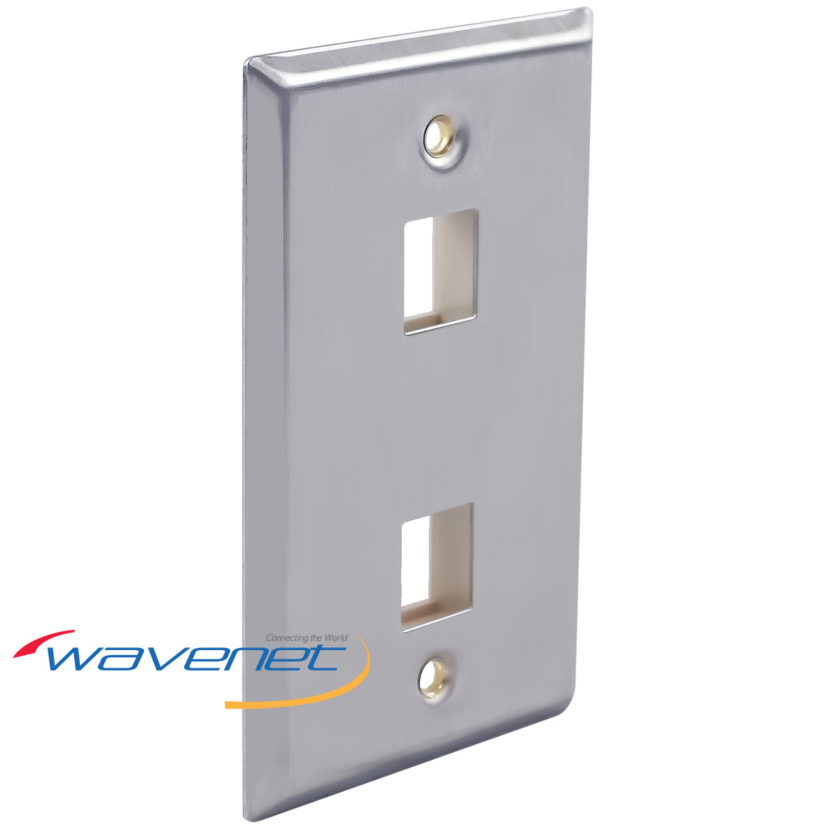 Stainless steel 2-port network faceplate with rectangular cutouts for structured cabling installation Main image