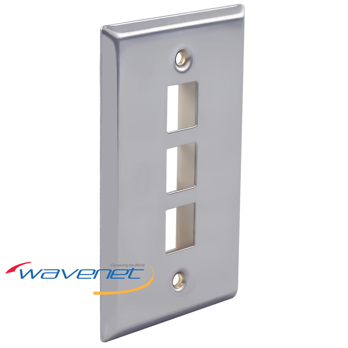 Wavenet stainless steel faceplate with three rectangular port openings and mounting screw holes