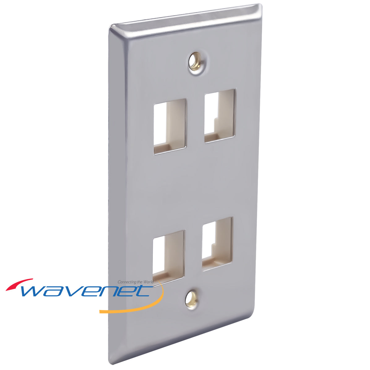 Wavenet stainless steel 4-port network faceplate with white outlet openings and mounting holes Main image