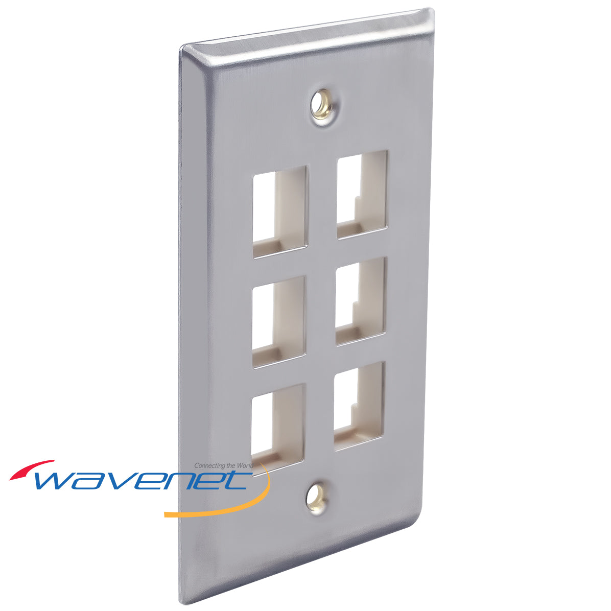 Stainless steel 6-port network faceplate with dual-gang mounting holes for structured cabling installations Main image
