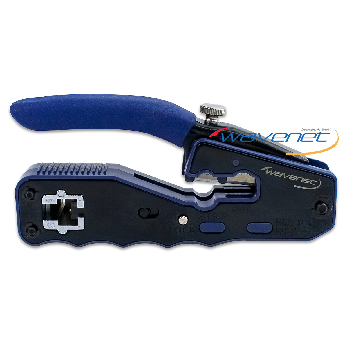 Wavetec RJ-45 pass-through crimp tool with blue ergonomic handle and black body showing cable strip and lock mechanisms