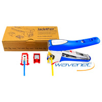 Jack4Pair keystone jack termination tool with blue handle, red keystones, and yellow cable crimper included in cardboard pac…