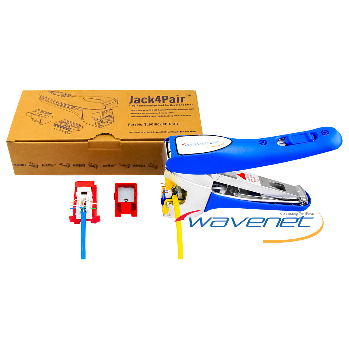 Jack4Pair keystone jack termination tool with blue handle, red keystones, and yellow cable crimper included in cardboard pac…