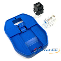 Blue handheld keystone jack termination tool with black RJ45 connector, white wiring block, and internal cable management co…