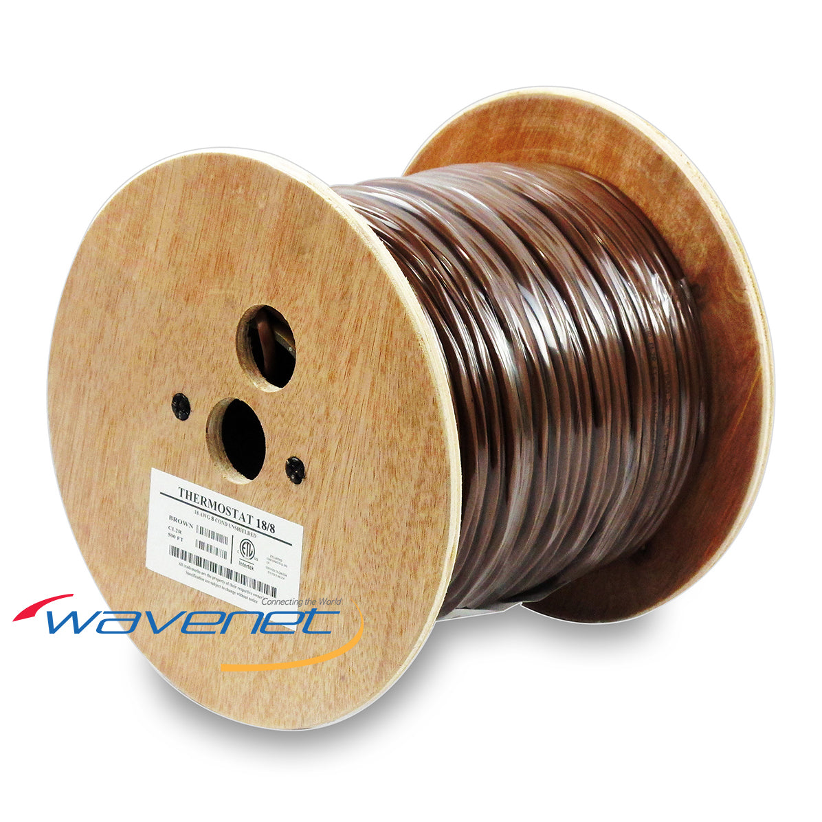 Wooden spool of 18 gauge 8 conductor thermostat cable with brown insulation, 250ft length, labeled for HVAC applications