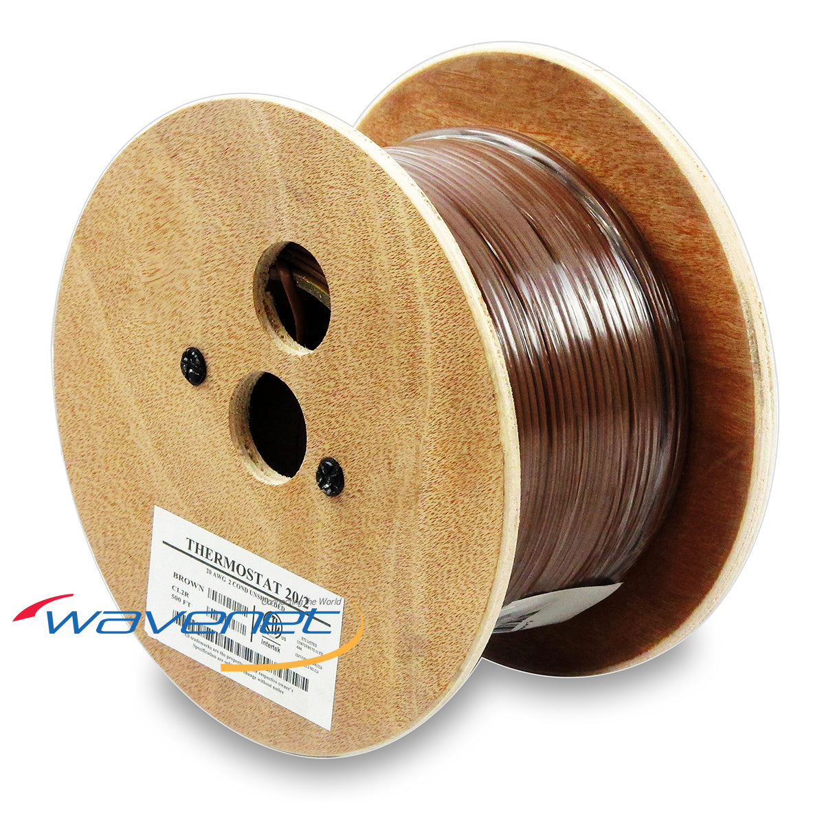 20 gauge 2 conductor brown thermostat cable on wooden spool with white label Main image