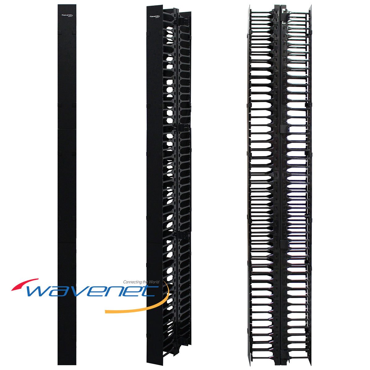 VCMC-41278D double-sided vertical cable manager showing front, side, and rear views with cable routing channels