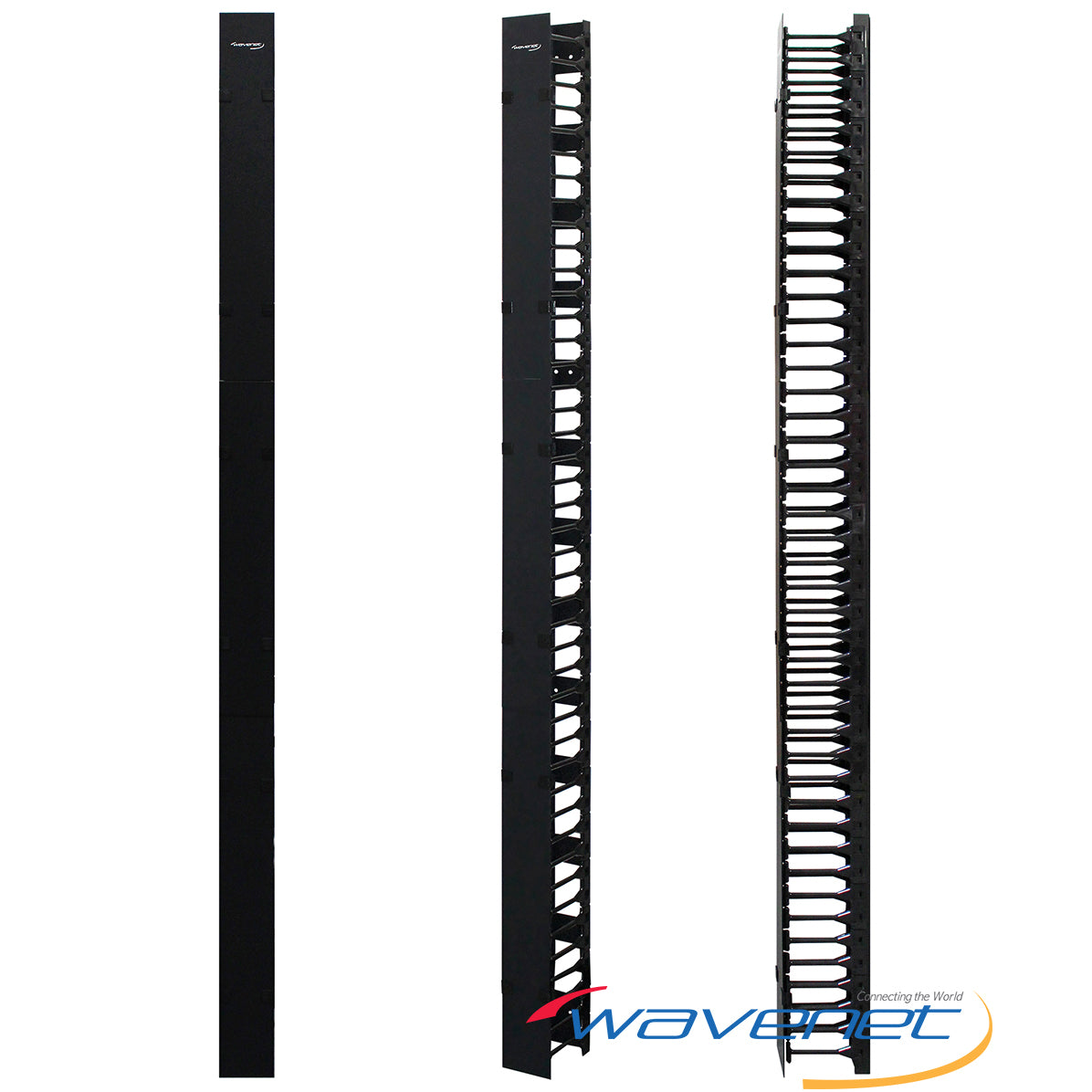 VCMC-4678S single-sided vertical cable manager with open slot design for organizing network cables in server racks