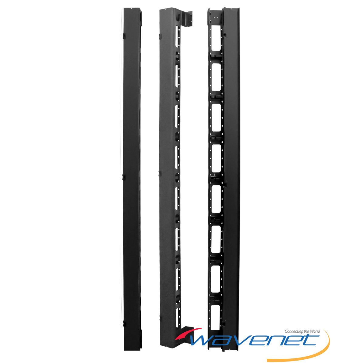 Wavenet VCNB 74 vertical metal cable manager showing single-sided design with multiple rectangular cable routing slots