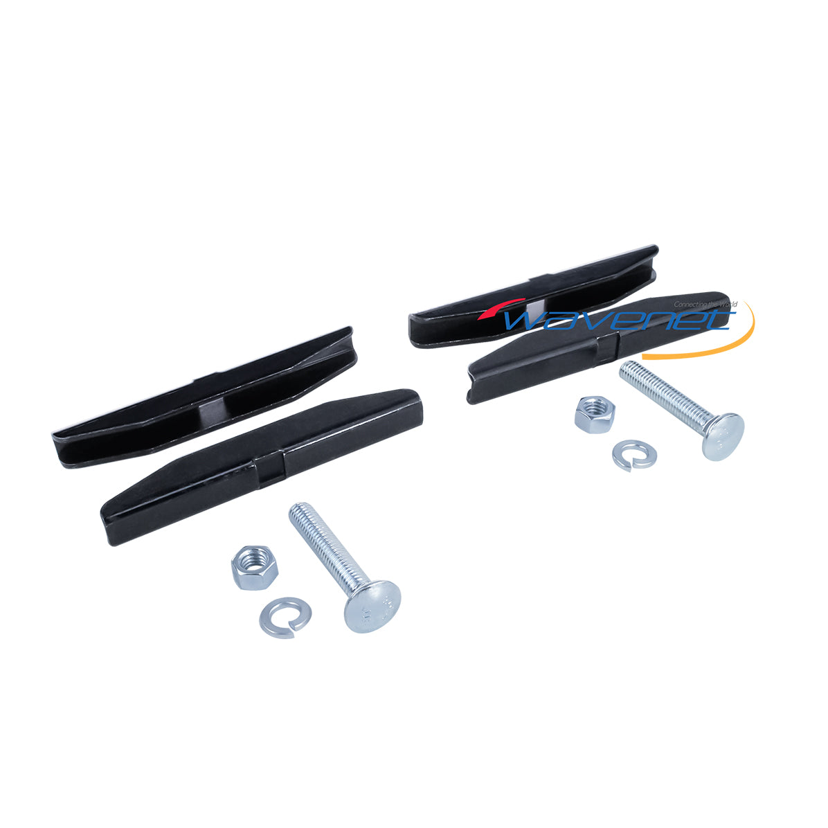 Black butt-splice kit with cable connectors, bolts, nuts, and washers for network cabling connections