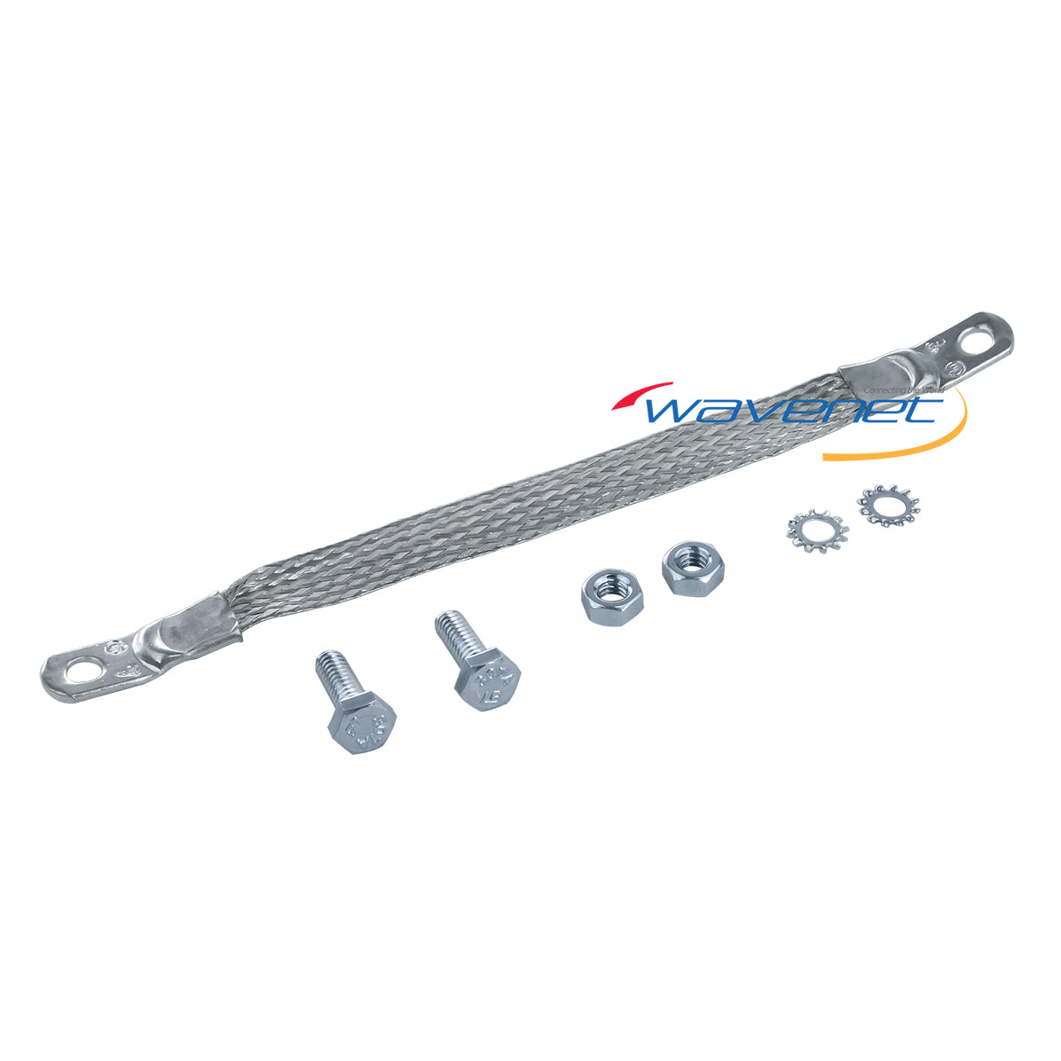 WL-LRAGK grounding strap kit with braided copper strap, hex bolts, nuts, and lock washers for rack equipment grounding