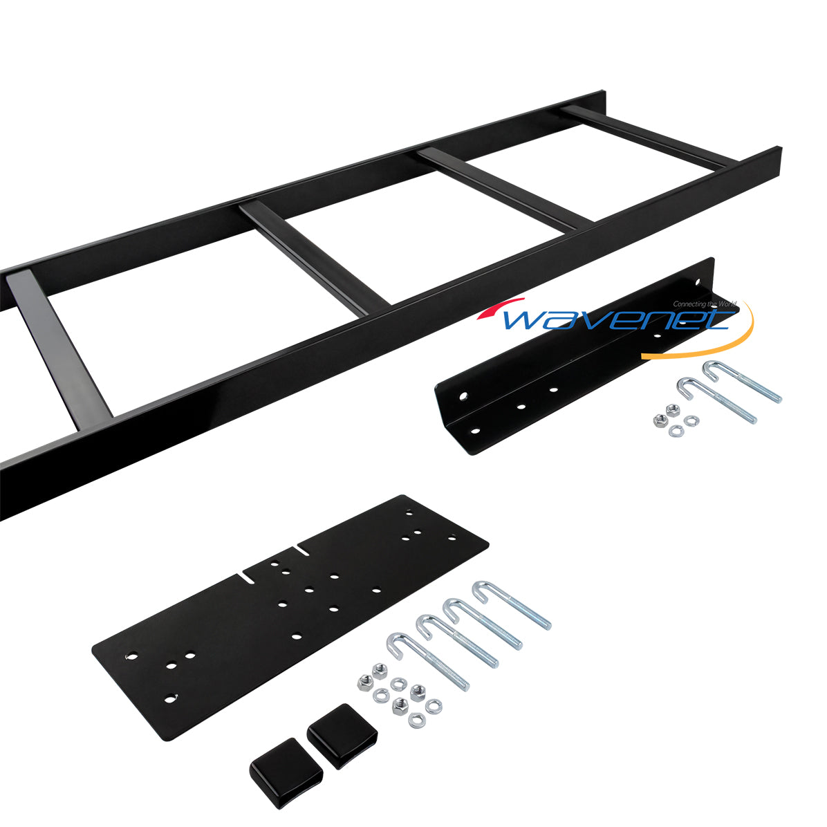 Wavenet 5' ladder rack cable runway wall mount kit with black steel brackets, U-bolts, and hardware components