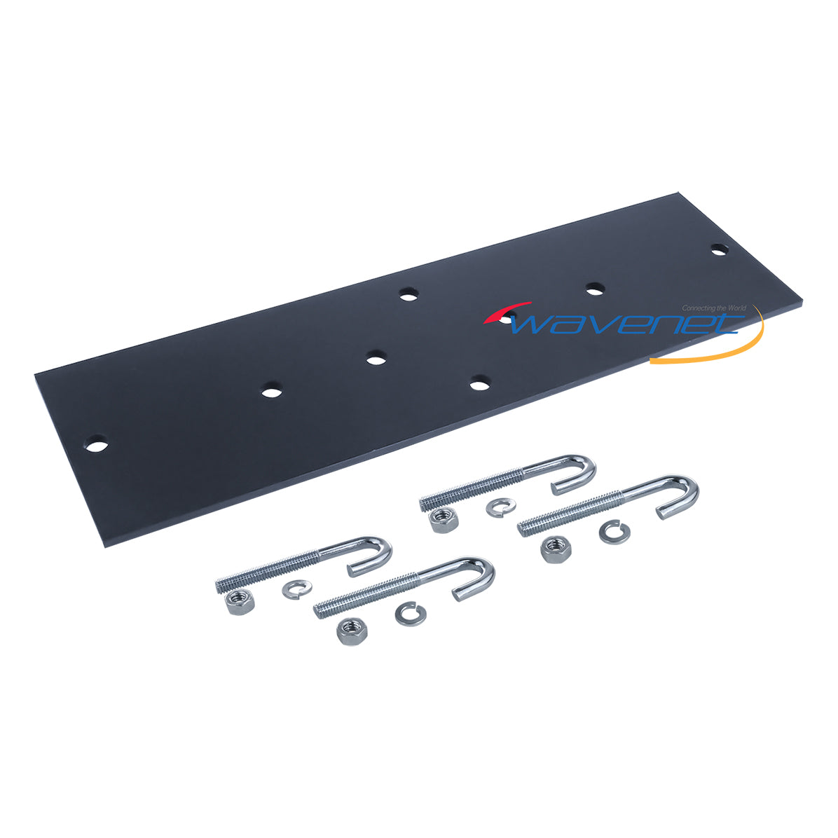 Black 12-inch rack to runway plate with eight mounting holes and four hook bolt cable management hardware kits