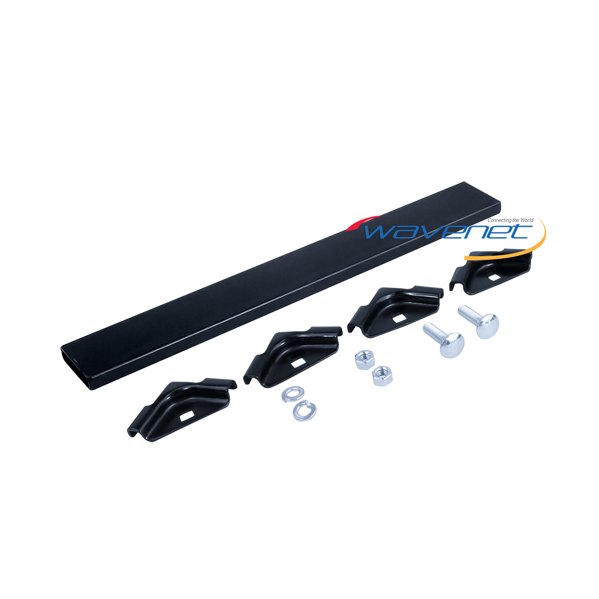 WL-RA12TK-BK ladder termination kit with black steel rail, four mounting brackets, bolts, and washers for rack installation