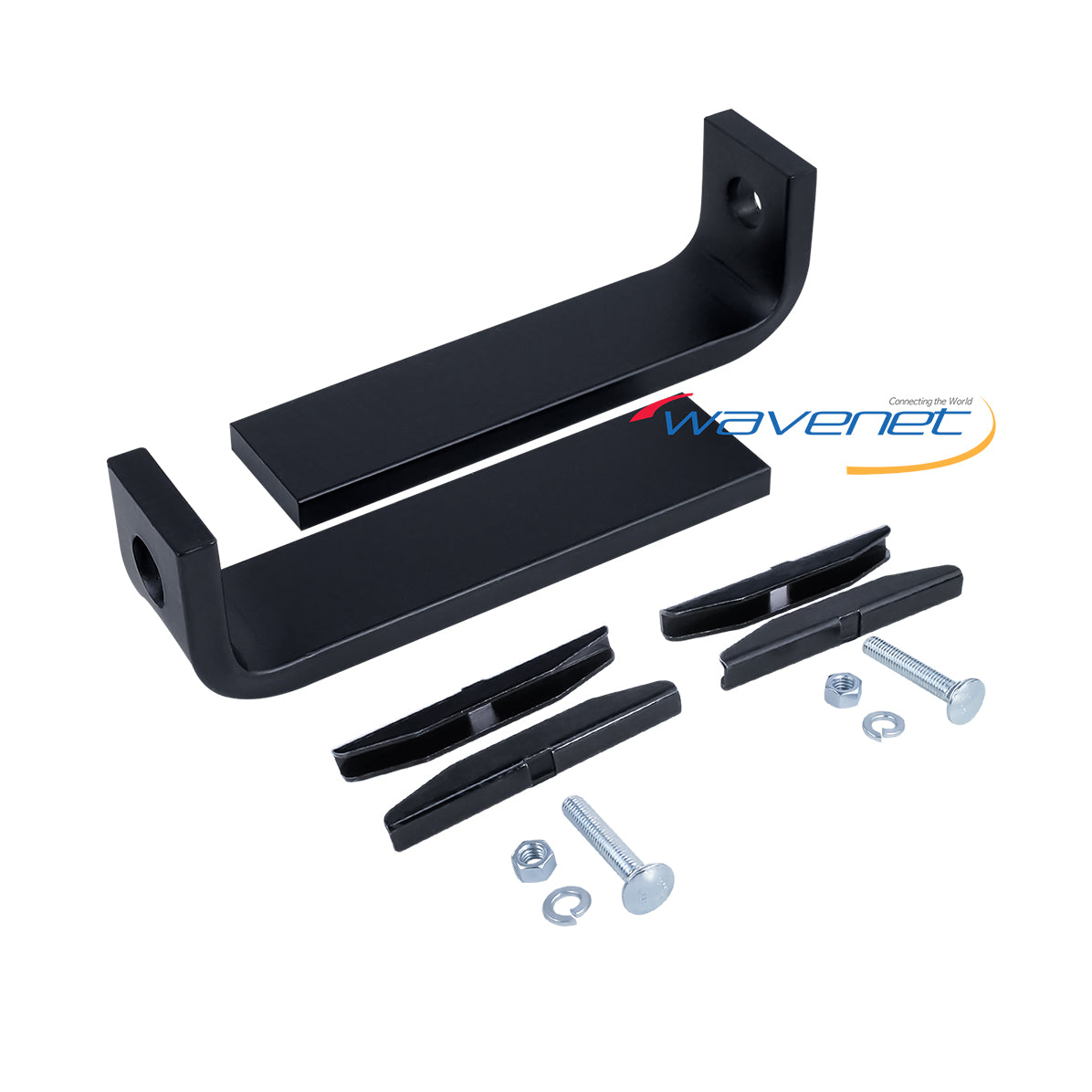 Black floor mount bracket kit with mounting hardware including screws, nuts, and washers for network rack installation