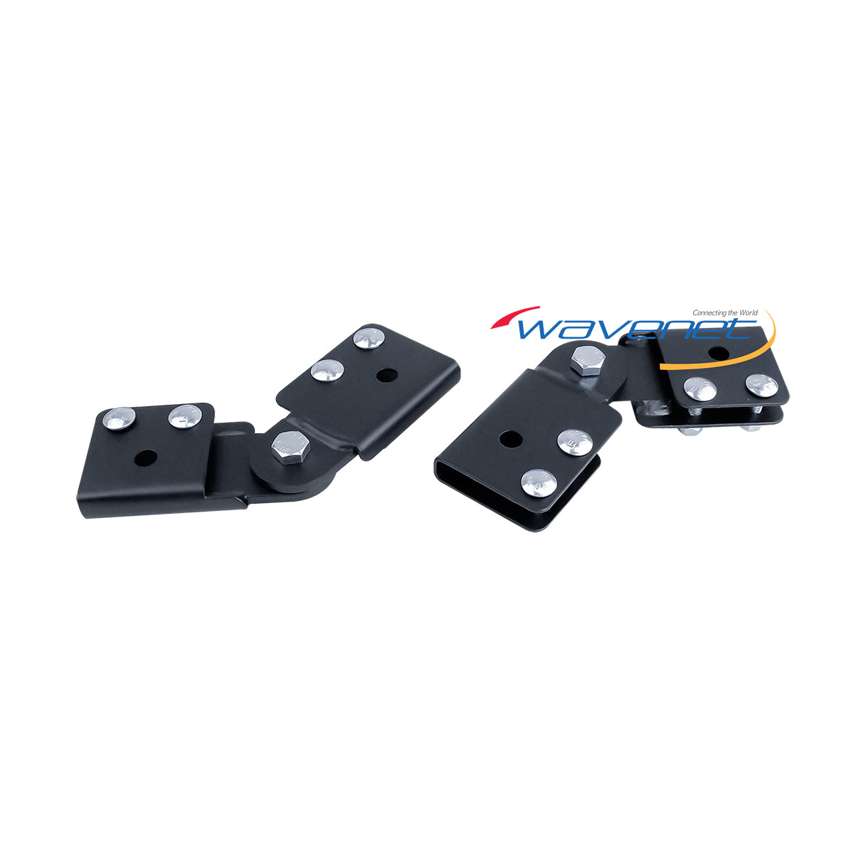 Black swivel and adjustable rack mount hardware with stainless steel fasteners and mounting holes for cable management