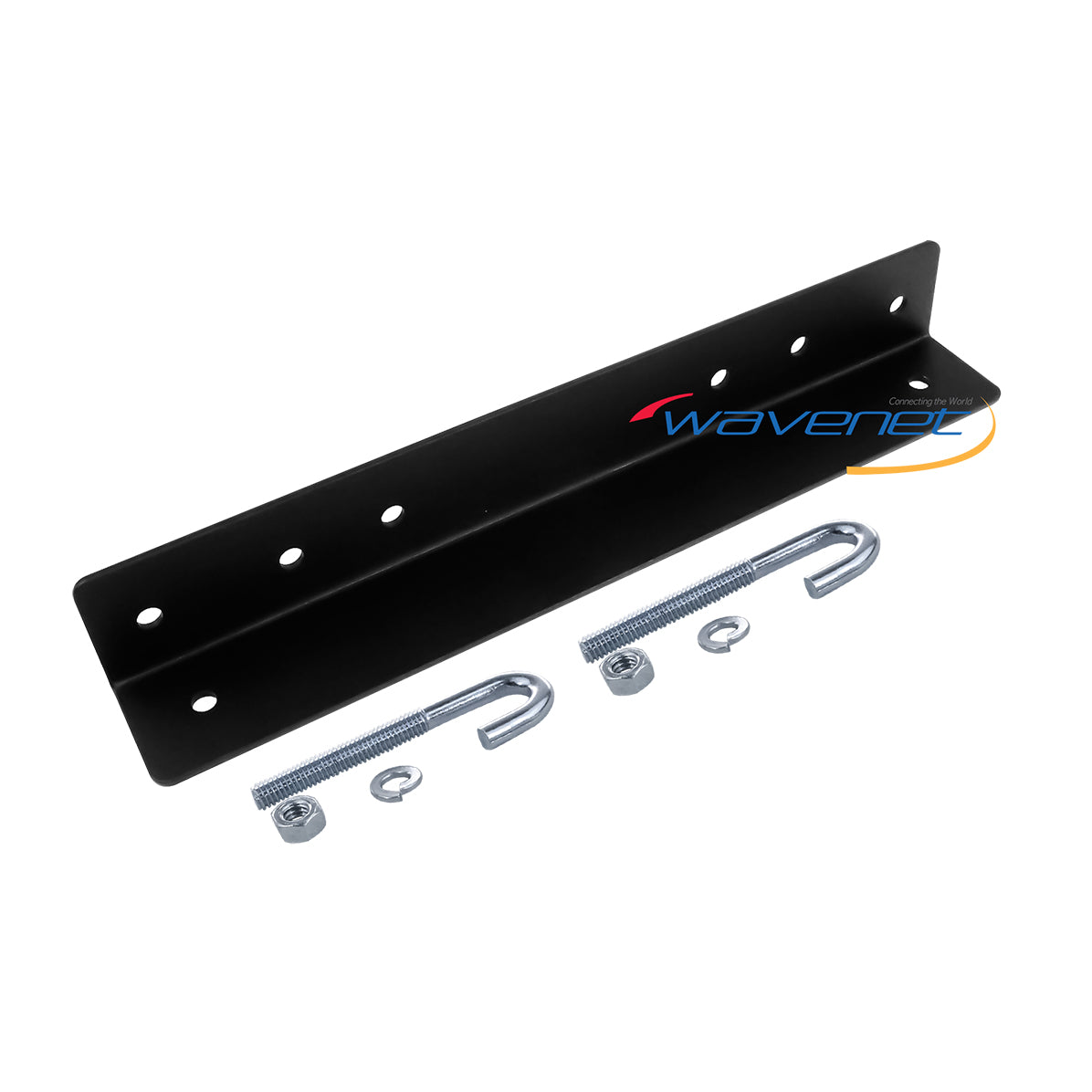 Black wall angle support bracket with mounting holes and stainless steel hardware including eye bolts and nuts