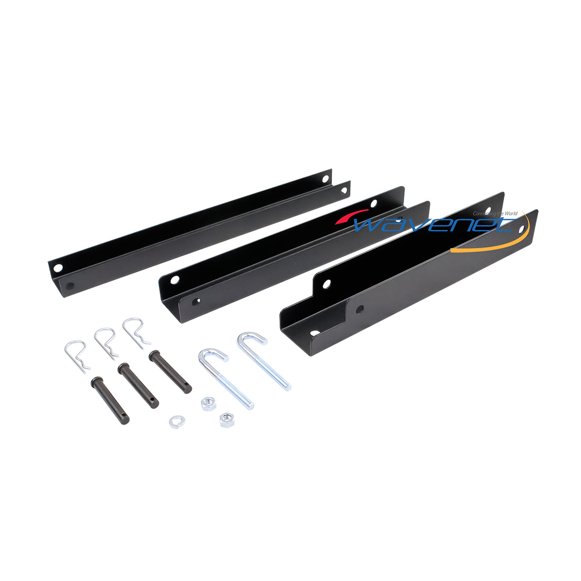 Black steel triangle wall support brackets with mounting hardware including screws, washers, and hooks for rack installation