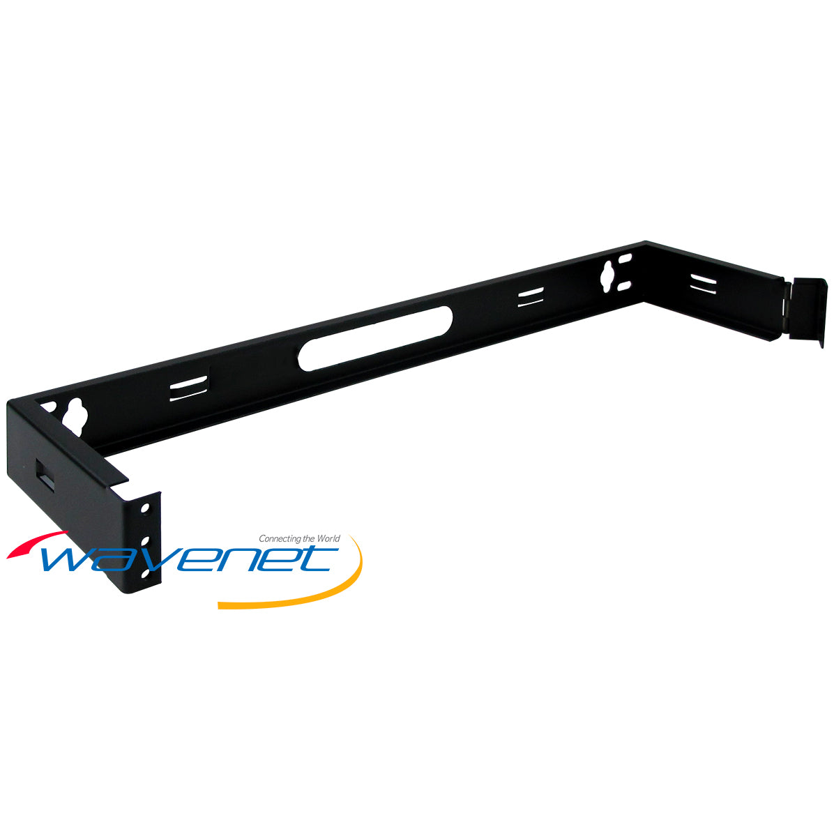 Black 1U hinged wall mount bracket for network rack equipment with mounting holes and cable management slots Main image