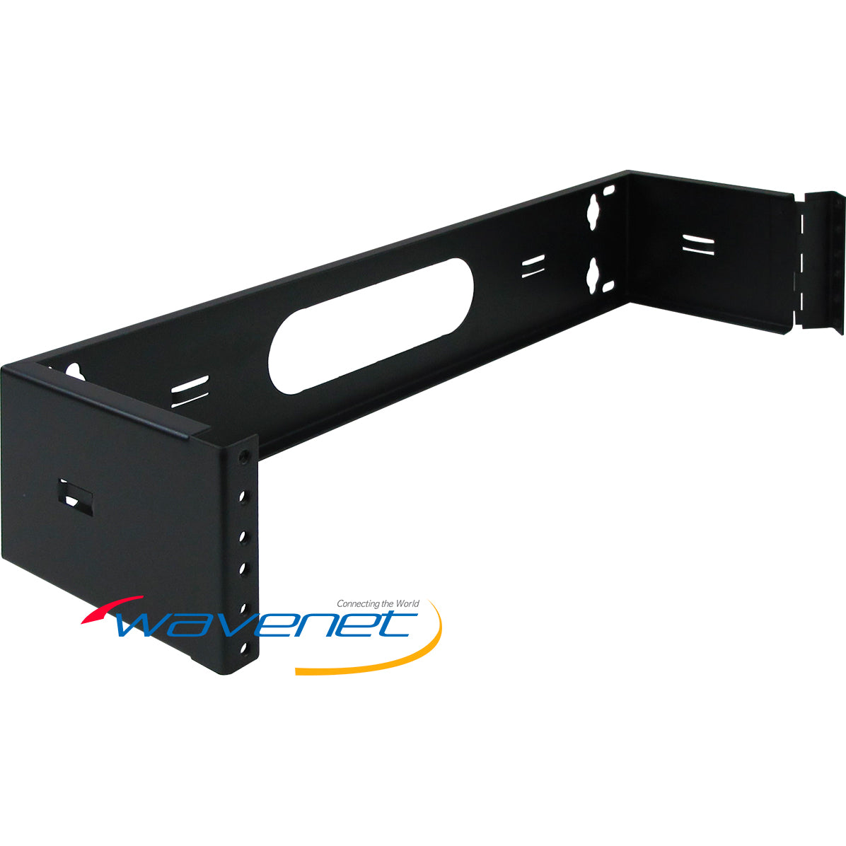 Black 2U hinged wall mount bracket for network rack equipment with cable management features and mounting holes