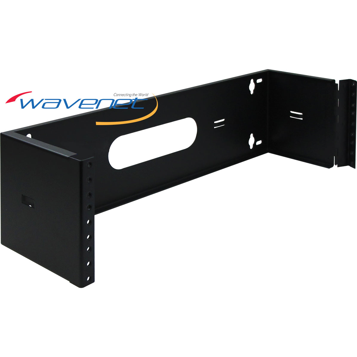 Wavenet 3U hinged wall mount bracket with black steel construction, featuring cable management openings and adjustable mount…