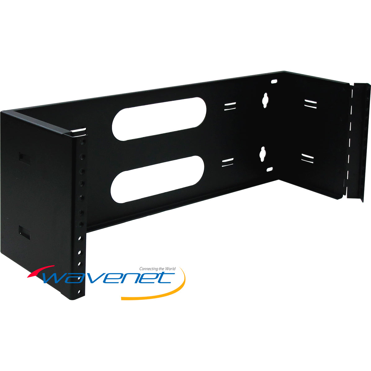 Wavenet 4U wall mount hinged bracket in black steel with dual cable management slots and mounting hardware Main image