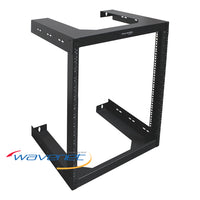 Wavenet 15U open frame wall rack with vertical mounting rails, cable management holes, and two horizontal shelves for networ…