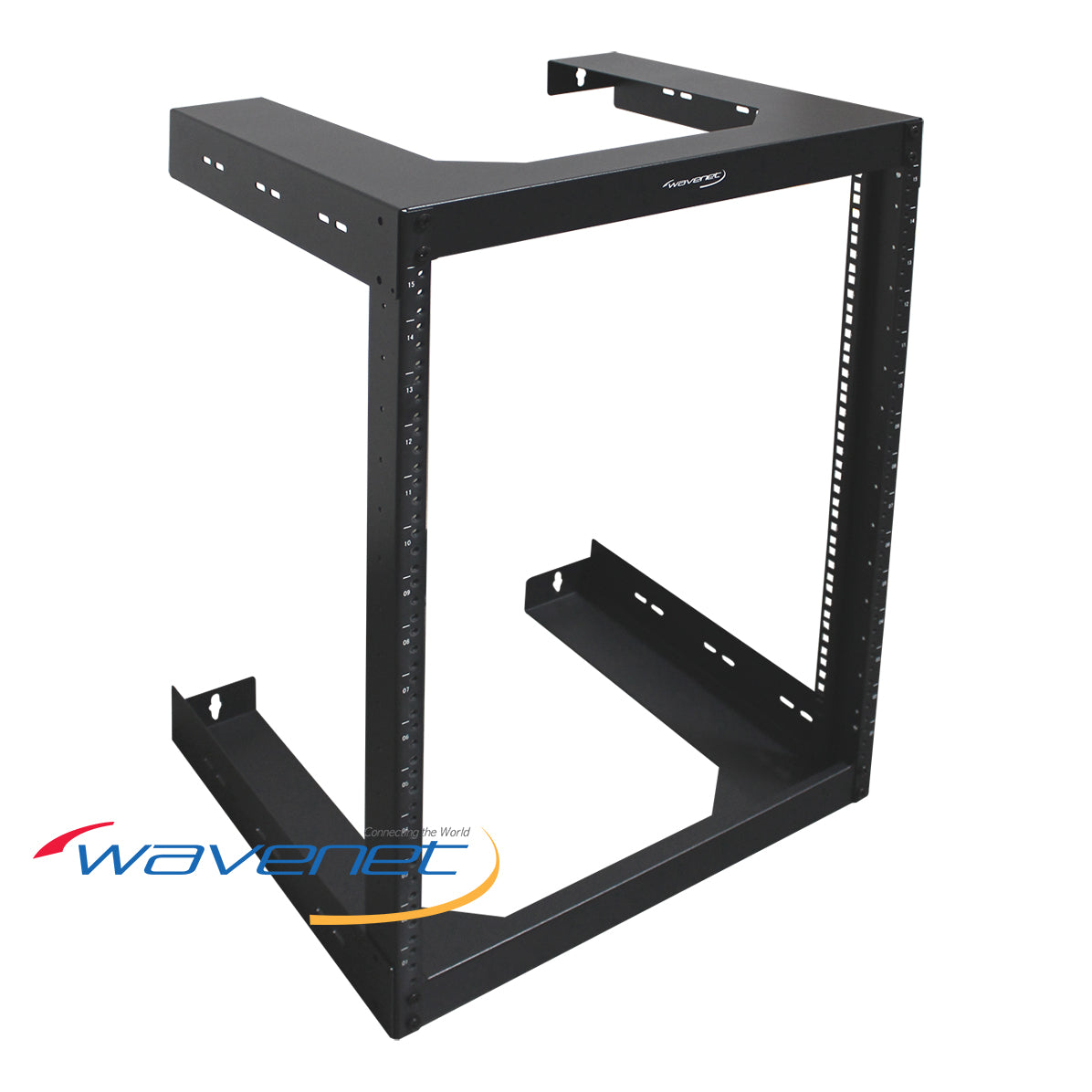Wavenet 15U open frame wall rack with vertical mounting rails, cable management holes, and two horizontal shelves for networ…