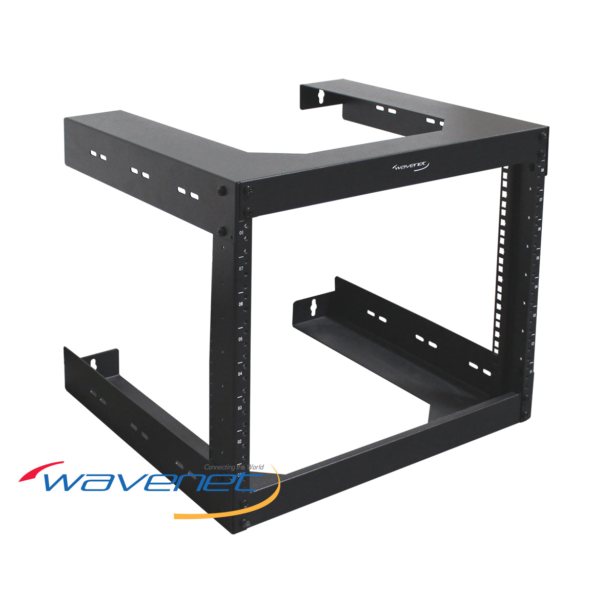 Wavenet WMR 8U open frame wall rack with black steel construction, featuring two horizontal shelves and vertical mounting ra… Main image