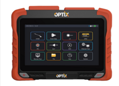 OPTIZ WRX5000 Advanced OTDR handheld device with red and black casing displaying control buttons and touchscreen interface f…