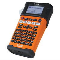 Brother PTE300 industrial handheld label maker with orange and black casing, featuring LCD display and QWERTY keyboard