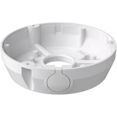 White plastic junction box with circular base and cable management ports for bullet and turret style cameras