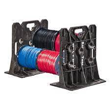 Rack-A-Tiers wire dispenser with multiple spools of blue, red, and black network cabling on black metal frame