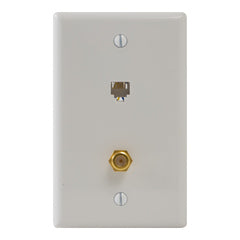 White wall plate with 6P6C terminal jack and coaxial connector outlets for structured cabling installation Main image