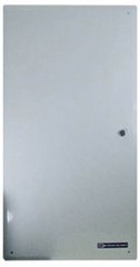 Gray metal structured wiring enclosure with hinged door and integrated lock mechanism for network cabling