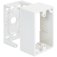 White single gang mounting box for network cabling with cable routing channels and mounting hardware