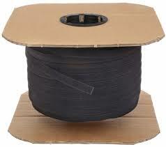 RipWrap Spool cable management solution with tan cardboard top and base, black fabric spool for organizing network cabling
