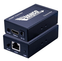 Vanco HDEX60 HDMI extender with dual units showing HDMI input/output ports and Cat5e/Cat6 network connection